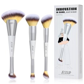 Jessup Brochas para Maquillaje para Rostro Set de 3pcs Brocha de Maquillaje Doble Punta para Base, Contorno, Rubor, Iluminador y Corrector, Veganas Qu