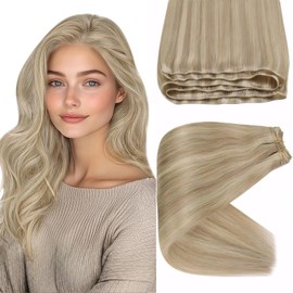 Sunny Hair Weft Hair Extensions Human Hair Sew in Hair Extensions Human Hair Straight Hair Extensions for Women Real Human Hair 14inch Dark Ash Blonde Highlights Golden Blonde