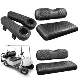 NOKINS Golf Cart Seat Covers for EZGO TXT 1994-2013/EZGO RXV, Vinyl Front&Rear Seat Cover with Flip-Up Armrests kit, with Cup Holder, for 1" Square Tube (Black&Black Stitching)