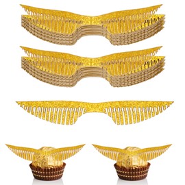 50 PCS Wizard Party Chocolate Decoration Golden Wings Chocolate Cupcake Toppers Decor with Glue Point Hollowed Party Supplies (E, 50)