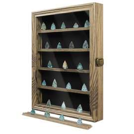 ASmileIndeep Arrowhead Display Case Holder, Lockable Native American Arrow Head Display Frame Box Cabinet Rack with HD Tempered Glass and Removable Shelves for Arrowheads Stone Collection, Rustic Wood