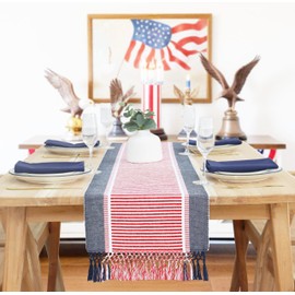 PurpleEssences 4th of July Table Runner - Wide with Dobby Stripe, Heavy Ribbed Weave & Double Knot Fringes, 14x72 Inch (14x77.5 with Fringes) Boho Farmhouse Decor - Red, Blue and White