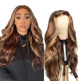 AiPliantfis Body Wave Human Hair Wig Blonde Real Hair Women's 4x4 Lace Glueless Wig Wear and Go P427 Highlight Blonde Pre Plucked 150% Density Unprocessed Brazilian Remy Hair 14 Inches (35.5 cm)