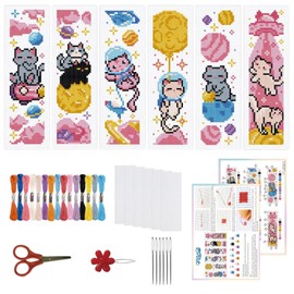 ORIGACH 6 Pcs Cross Stitch Bookmark Kit for Beginner Adults, Cute Cats in Outer Space Stamped Embroidery Bookmark Kit with Instruction for Starters Printed Cross Stitch DIY Kits for Book Lovers