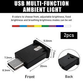 Povtii - 2 luces LED USB tipo C para ambiente, mini luz LED RGB de 8 colores, lámpara de ambiente interior con brillo ajustable para automóvil, hogar, portátil, piezas de iluminación para automóviles