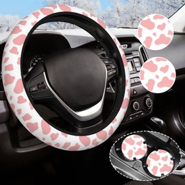 Pink Cow Print Steering Wheel Cover for Women Men with 2 Pcs Car Coasters, Universal 14.5-15 Inch Rainbow Steering Wheel Covers Non-Slip Car Accessories for Girls
