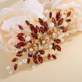 Teyglen Red Crystal Wedding Hair Comb Gold Flower Bridal Hair Comb Handmade Crystal Hair Piece Rhinestone Pearl Headpiece Party Prom Festival Hair Accessories for Women(Wine red)