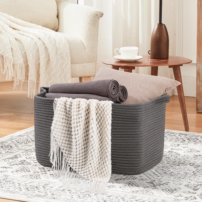 OIASKET Large Toy Basket, Rectangle Woven Rope Storage Basket for