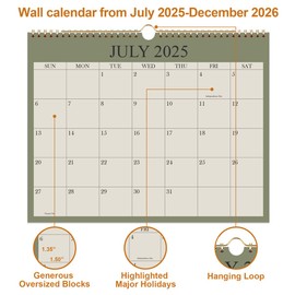 Calendar 2025-2026, Wall Calendar 2025-2026 from July 2025 - December 2026, 18 Months Calendar with Premium Paper, Twin-Wire Binding & Hanging Hook, 8.5" x 11", Green