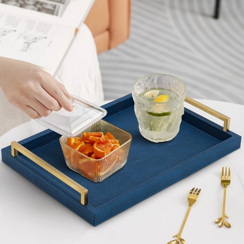 XIGEXIGE Navy Blue Decorative Serving Tray, Shagreen Leather Coffee Table