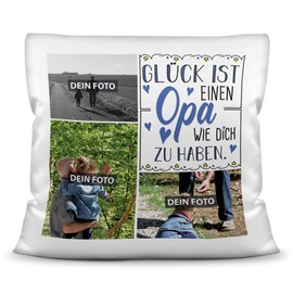 Print Royal Foto-Kissen inkl. Füllung zum Selbstgestalten - für Opa - mit eigener Collage und Spruch - Bestes Fotogeschenk/Geburtstagsgeschenk - Kissen Polyester - Weiß