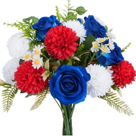 17 Pcs Red White and Blue Flowers Patriotic Artificial Flowers Memorial Flowers for Gravesite 4th of July Silk Chrysanthemum Bouquet for Independence Day Cemetery Decoration Outdoor Floral Arrangement