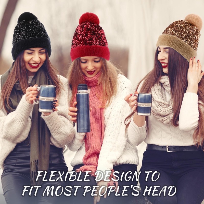 Mumucove 4 Pcs Winter Beanie with Pom Pom Women Sequin