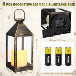 Kittmip 8 Pcs 10.6 Inch Decorative Candle Lanterns Bulk for Centerpieces Wedding Indoor Outdoor with LED Flameless Flickering Candle Hanging Farmhouse Lanterns Battery Powered for Party(Bronze)