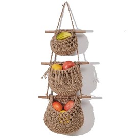 PACIOCEAN 3 Tier Jute Rope Woven Wall Hanging Fruit Basket, Multifunctional Produce Storage for Kitchen, Bedroom & Bathroom