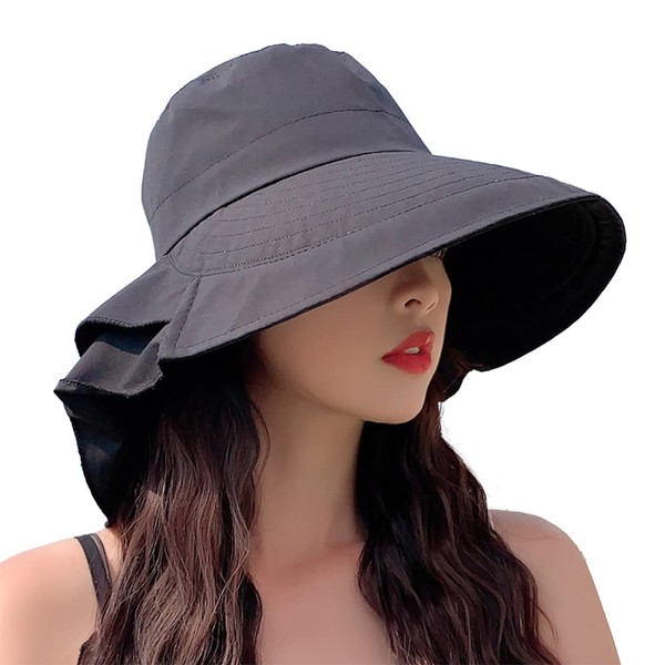 LeafIn Women's Hat, Sun Hat, UV Protection Hat, Wide Brim Hat, Chin Strap, Adjustable, UV Protection, Breathable, Summer, Autumn, Outdoor, Travel, Fishing, Climbing, Walking, Ponytail Hole, Safari Hat, Black