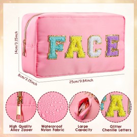4 Pcs Nylon Cosmetic Bag Chenille Letter Cosmetic Pouch Zipper Preppy Makeup Bag Waterproof Hair Bag with Patches Makeup Organizer Bag Set for Women (Colorful, Stuff, Face)