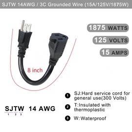 KUNCAN Short Power Extension Cord - 15A 6 Inch 3 Prong Outlet Saver, 1875W 14AWG/3C SJTW Heavy Duty Power Cord Extension Cable (NEMA 5-15P to NEMA 5-15R) Indoor/Outdoor Use, Black 1-Pack