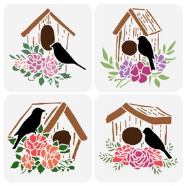 FINGERINSPIRE 4PCS Birdhouse Stencil for Painting 7.87x7.87inch Bird's House Painting Stencil Bird's Nest Drawing Stencil Spring Theme Craft Stencil for Painting on Wall Wood DIY Home Decoration
