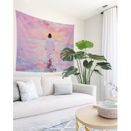 bitCNY Jesus Sunset Walk Tapestry – Pink Pastel Christian Wall Hanging, Peaceful Inspirational Decor for Bedroom or Prayer Room, 50x60 Inch