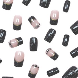 MIXFOSASHN Press on Nails French Tip Medium Square Fake Nails Nude & Black False Nails wiith Designs Metallic Border Glossy Full Cover Glue on Nails Stick on Nails Acrylic Nails for Women Girls 24 Pcs