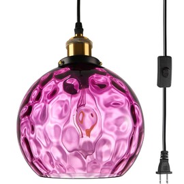 Pobllem Hanging Light with Plug in Cord, Glass Plug in Chandelier, Handblown Purple Glass Shade, On/Off Switch, Plug in Light Fixtures for Bedroom Dining Room Living Room Kitchen