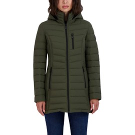 Nautica Women's 3/4 Midweight Stretch Puffer Jacket with Hood, Military Green, X-Small