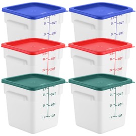 Ziliny 6 Pieces 4 Quart Commercial Food Storage Containers with Lid Translucent Container with 3 Color Lids Brining Container with Lid for Freezer Flour Sugar Baking Bread Restaurant, Square
