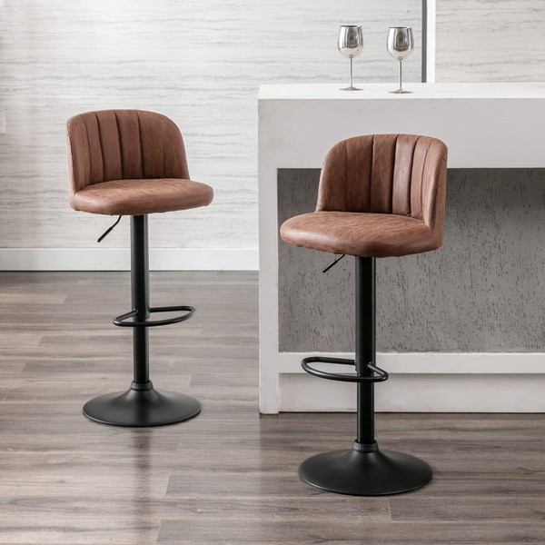 Wahson Set of 2 Bar Stools PU Leather Breakfast Counter Chairs with Backrest, Adjustable Swivel Bar Chairs High Stools for Kitchen Islands/Home Bar, Brown