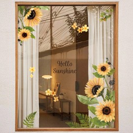KIKISML Summer Sunflower Wall Stickers, Hello Sunshine Flower Wall Decals for Bedroom, Livingroom, Shop Window, Bath Room, TV Background Art Wall Decor (2 Pieces)