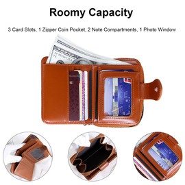 Vllcsla Wallet for Women Small Size, Cute Leather Wallet, Small Brown Leather Purses for Women, Ladies Short Purse Zipper Around Clutch, Purse with Photo Window & Zip Coin, Pink