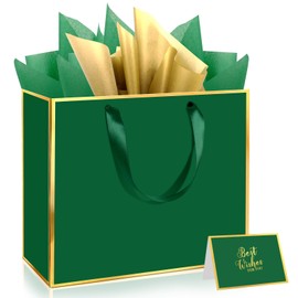 Epoesch 3 Pack Green Medium Gift Bags with Handles and 9 Tissue Papers