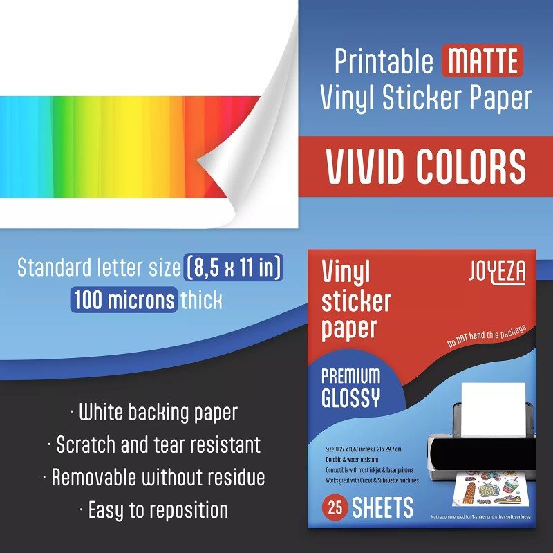 JOYEZA Premium Printable Vinyl Sticker Paper for Inkjet Printer -