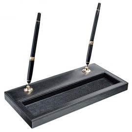 Dacasso Black Leather Double Gold Accents Pen Stand