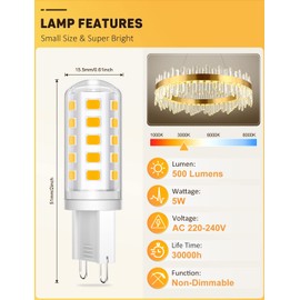 Wonkelly G9 LED Bulbs, Warm White, 5W, 500LM, 3000K, Replacement for 50W Halogen Bulb, G9 LED Bulb, Non-Dimmable, No Flicker, 360° Beam Angle, AC 220-240V, Energy Saving Bulb, Pack of 5