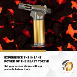 inZaynity Butane Torch Lighter - "The Beast" - Refillable Kitchen Torch with Safety Lock & Adjustable Flame - Butane Blow Torch Lighter for Creme Brulee, Welding, Soldering & Cooking (Gold Gun)