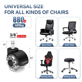 2 Inch Replacement Office Chair Wheels for IKEA Chairs, (Stem 3/8-7/8"), Set of 5, 880LB(400kg) Capacity, Quiet Rubber Caster Wheels for Hardwood Floors.