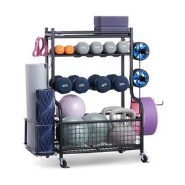 VEVOR Yoga Mat Storage Rack, Powder Coated Finish Steel Yoga Mat Holder, Home Gym Workout Equipment Organizer with Hooks & Wheels, Weight Rack for Foam Roller, Dumbbell, Kettlebell, and Yoga Strap