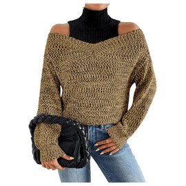 MakeMeChic Women's Fall Fashion 2024 Cold Shoulder Sweaters Long Sleeve Knitted Oversized Turtleneck Sweaters Khaki Medium