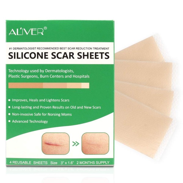 Silicone Scar Removal Sheets, Professional Gel Strips for Scars Caused by C-Section, Surgery, Burns, Injuries Acne, and Stretch Marks Patch Away, 3"×1.6", 4 Sheets Reusable (2 Months Supply)