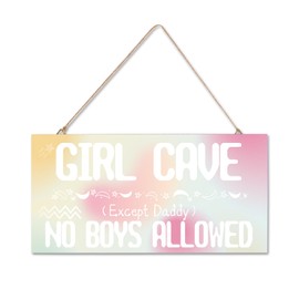 Girl Cave Sign, Hanging Bedroom Door Decoration Sign for Woodland Nursery Home Decor, No Boys Allowed Except Daddy Sign Wall Decor, Cute Green Pink Preppy Room Decor for Teen Girls