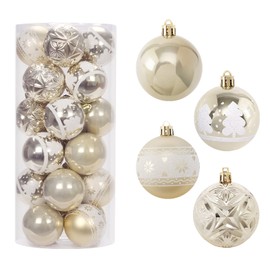 RoseCraft 2.36"/60mm Hand-Printed Christmas Ball Ornaments Set，24PCS Shatterproof Christmas Tree Decor Decorative Set, for Home, Holiday, Thanksgiving Xmas Hanging Decortions - Champagne.