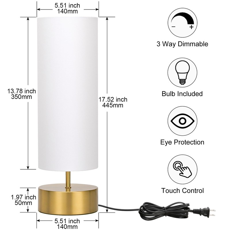 3-Way Dimmable Table Lamp, Touch Control Nightstand Lamp with White