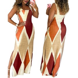 CHICME Women's Summer Maxi Dress Casual Thick Strap Square Neck Boho Sundress Split Travel Vacation Dresses with Pockets Multicolor-M