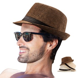 LADYBRO Straw Fedora Hats for Men Summer Short Brim Trilby Fidora for Travel Pack of 3 (Milky White,Beige,Coffee)