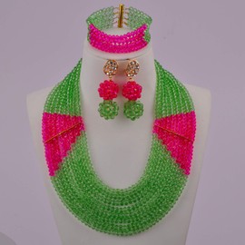 aczuv 8 Lines Statement Strand Necklaces Nigerian Wedding African Beads Jewelry Set Crystal Bridal Jewelry Sets (Light Green Fuchsia Pink)