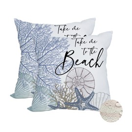 Fukeen 2 Pack Waterproof Take Me to The Beach Summer Pillow Covers 22x22 Inch Blue Ocean Sea Shell Coral Conch Starfish Throw Pillow Covers Outdoor Coastal Decorations Cushion Case Double Sided