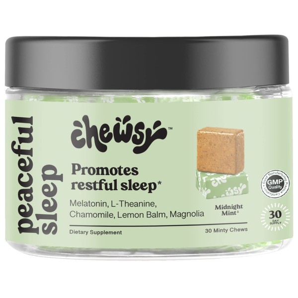 CHEWSY Peaceful Sleep Chews, Sleep Support, 3 mg Melatonin, 200 MGS L-Theanine, Chamomile, Lemon Balm, Magnolia, Nighttime Sleep Aid, Naturally Minty Chews, Promotes restful Sleep, 30-Day Supply (1)