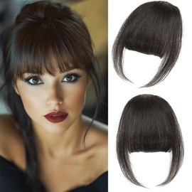 Clip in Bangs, 100% Real Human Hair Wispy Fake Bangs Hair Clip for Women Black Natural Curtain Fringe with Temples Hairpieces for Daily Wear (Wispy, Black)