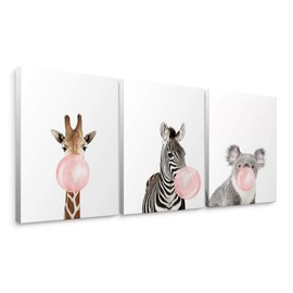 Niwo ART - Giraffe Zebra Koala, Pink Bubble Gum Animals, Canvas Wall Art Home Decor, Gallery Wrapped, Stretched, Framed Ready to Hang (24"x20"x1.5")